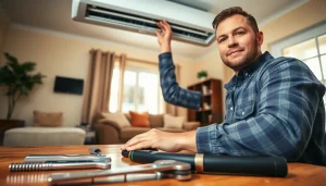 Expert performing ac repair mesa az in a home's living room setting with tools and bright lighting.