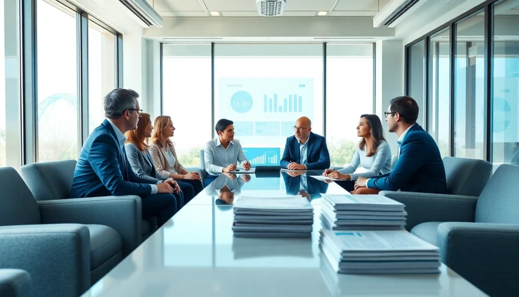 Engaged team discussing das 140 in a modern office setting, symbolizing collaboration and strategy.