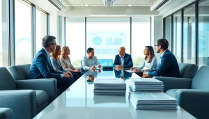 Engaged team discussing das 140 in a modern office setting, symbolizing collaboration and strategy.