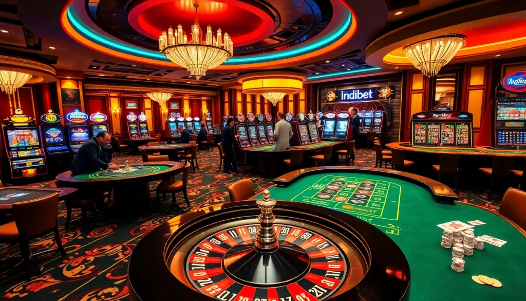 Indibet casino players engaging in thrilling games with vibrant tables and rich atmosphere.