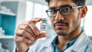 View of a professional analyzing a vial while looking to buy CJC 1295 with DAC for research purposes.