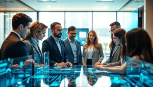 Engaging interaction between humans and AI in a modern workspace exploring Human Interface with AI.