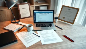 Professional workspace highlighting beëdigde vertaling with translation documents and a certificate.