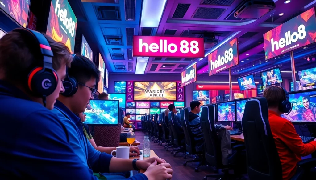 Hello88 gaming environment showcasing vibrant gaming screens and gamers engaged in action.