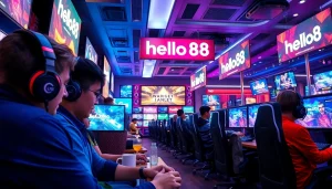 Hello88 gaming environment showcasing vibrant gaming screens and gamers engaged in action.
