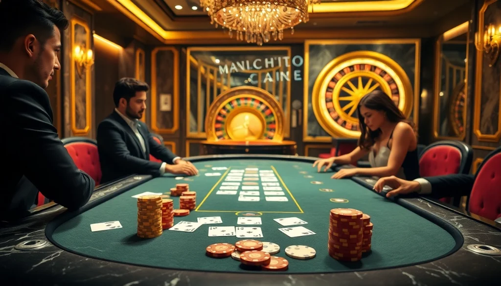 Cảnh poker Bet VIP đầy hứng khởi với những quân chip tinh xảo và ánh sáng ấm áp trong một casino sang trọng.