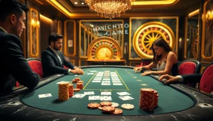 Cảnh poker Bet VIP đầy hứng khởi với những quân chip tinh xảo và ánh sáng ấm áp trong một casino sang trọng.
