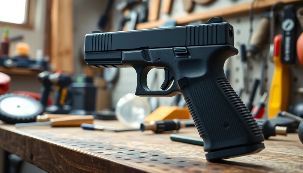 Assemble a polymer 80 Glock 26 in a workshop with tools and a bright atmosphere.
