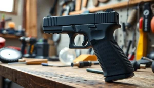 Assemble a polymer 80 Glock 26 in a workshop with tools and a bright atmosphere.