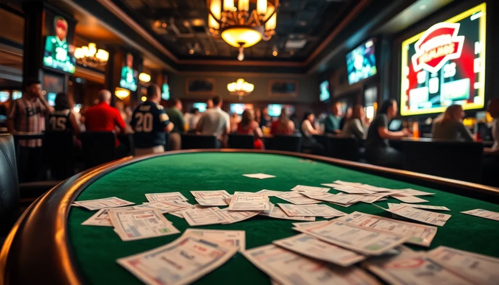 Engage in sports betting Oklahoma at a vibrant sports bar, showcasing betting slips and lively patrons.