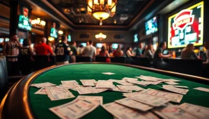 Engage in sports betting Oklahoma at a vibrant sports bar, showcasing betting slips and lively patrons.