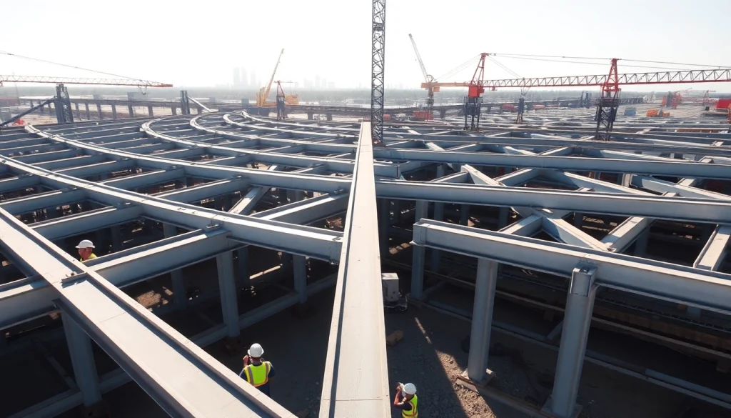 Workers engaging in structural steel construction at a busy site, emphasizing activity and collaboration.