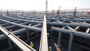 Workers engaging in structural steel construction at a busy site, emphasizing activity and collaboration.
