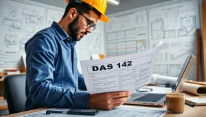 DAS 142 form review in a professional contractor's office with blueprints and tools.