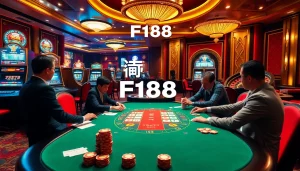 Play exciting games at แบรนด์ F168, showcasing luxury casino elements like poker chips and slot machines.