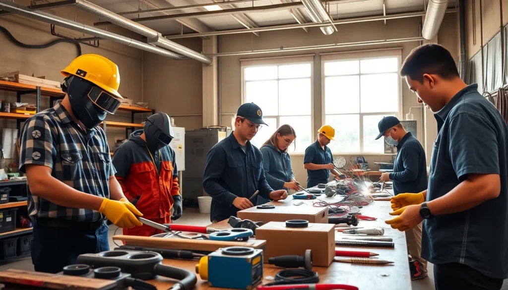 Students learning practical skills at hawaii trade schools in a bright workshop environment.