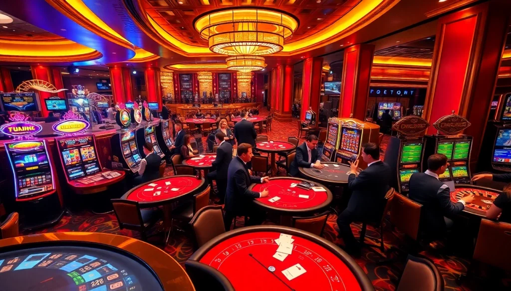 Players enjoying thrilling games at 79king casino, showcasing vibrant tables and slot machines.