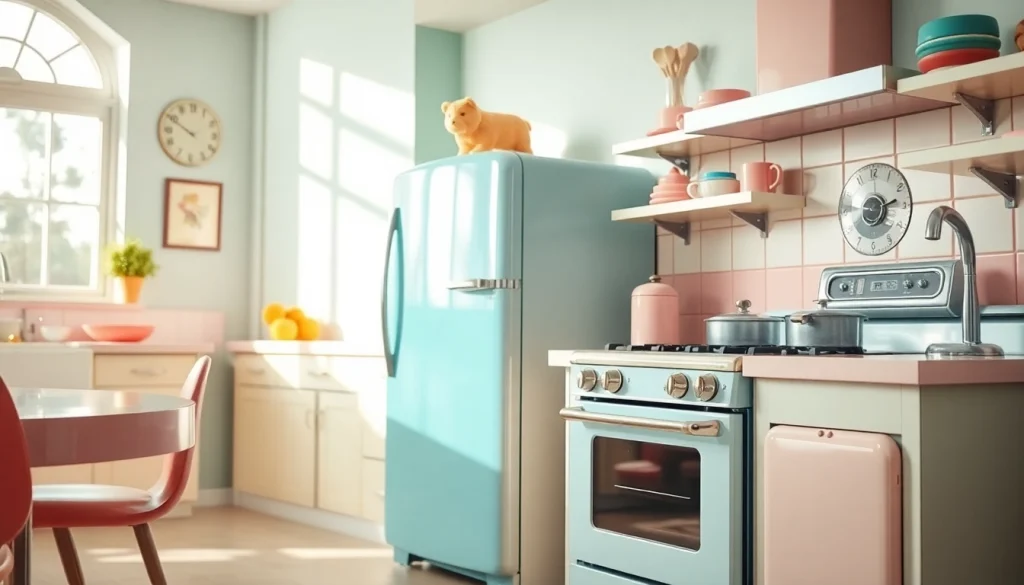 Showcasing retro appliances, including a pastel refrigerator and vintage stove in a 1950s kitchen.