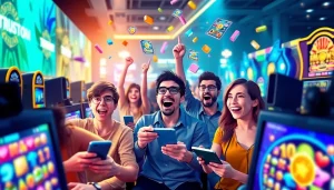 Exciting online gaming scene with players celebrating wins in hoki138 pro slot games.