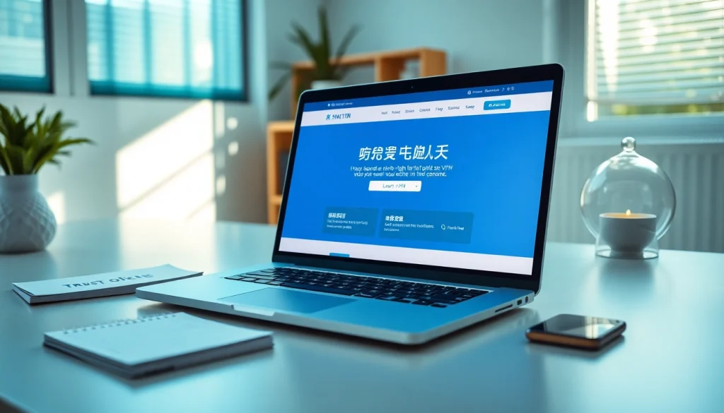 快连官网 displayed on a modern laptop in a sleek, professional workspace emphasizing online security.