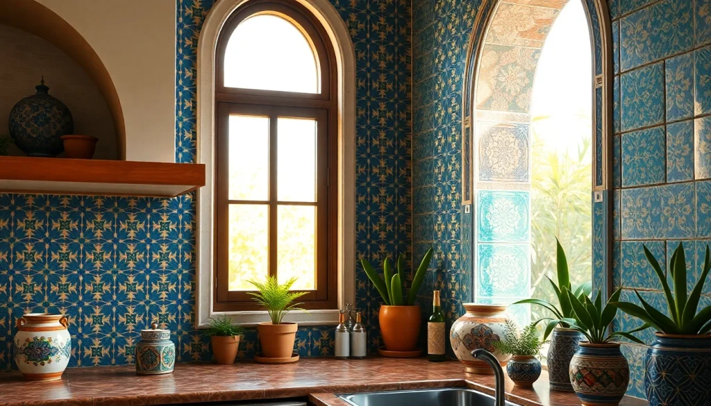 Des carreaux Zellige exposés dans une ambiance chaleureuse de cuisine marocaine, mettant en valeur l'artisanat authentique.