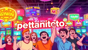 Menggambarkan perayaan kemenangan di petanitoto dengan pemain gembira dan mesin slot berwarna-warni.