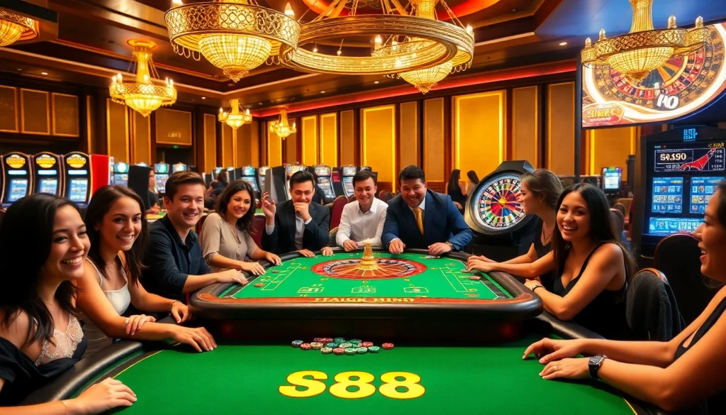 S88 VIP gaming table attracts excited gamblers with vibrant chips and thrilling atmosphere