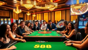 S88 VIP gaming table attracts excited gamblers with vibrant chips and thrilling atmosphere