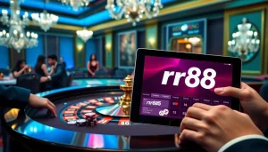 Players enjoying a luxurious rr88 casino experience with poker chips and roulette wheels.