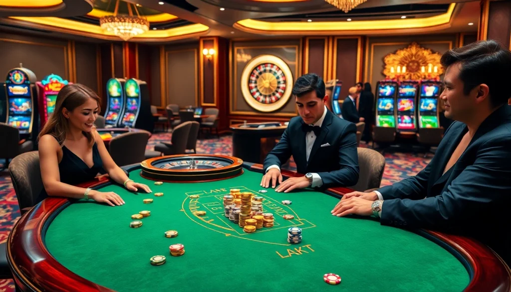 Excited players enjoy a luxurious gambling experience at RR88, showcasing poker chips and roulette wheels.