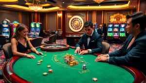 Excited players enjoy a luxurious gambling experience at RR88, showcasing poker chips and roulette wheels.