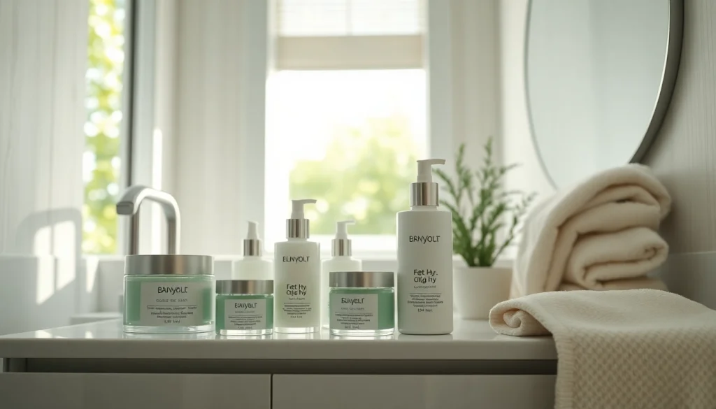 Hudvårdsprodukter för fet hy eller oljig hy visas i en lugn badrumsmiljö och främjar en lugnande hudvårdsrutin.