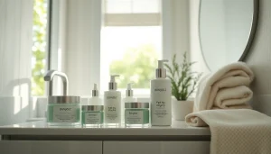 Hudvårdsprodukter för fet hy eller oljig hy visas i en lugn badrumsmiljö och främjar en lugnande hudvårdsrutin.