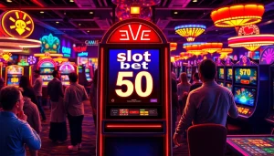 Menangkan permainan dengan slot bet 50 pada mesin slot yang berwarna cerah dan ramai.
