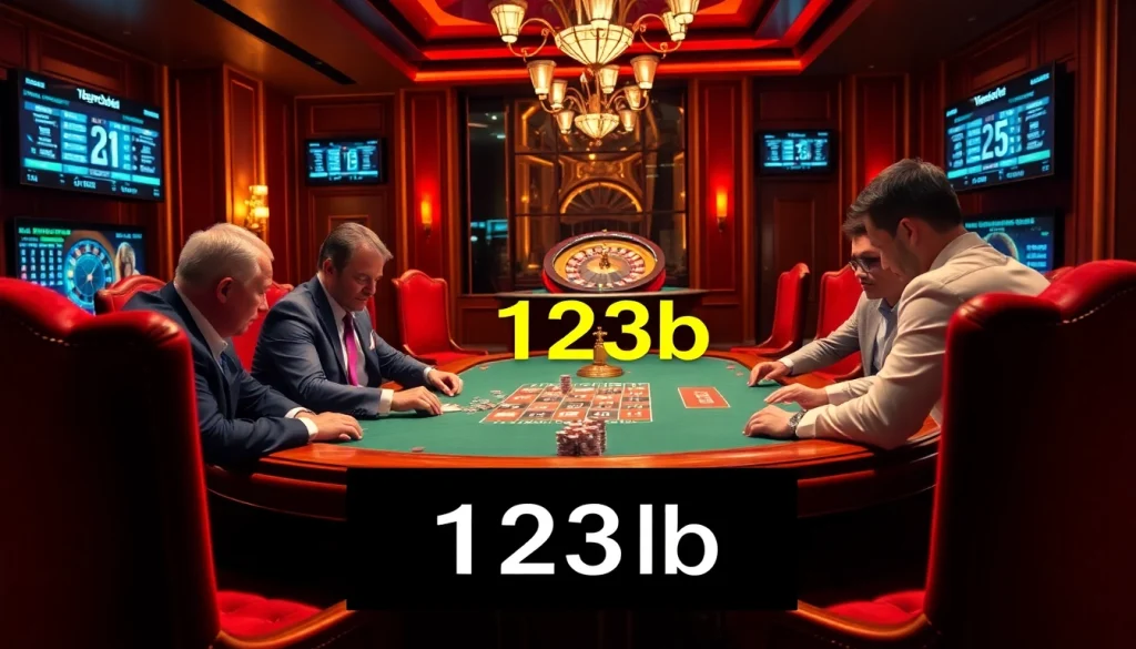 Players engaging in a thrilling poker game at a luxurious 123b casino table, showcasing poker chips and cards.