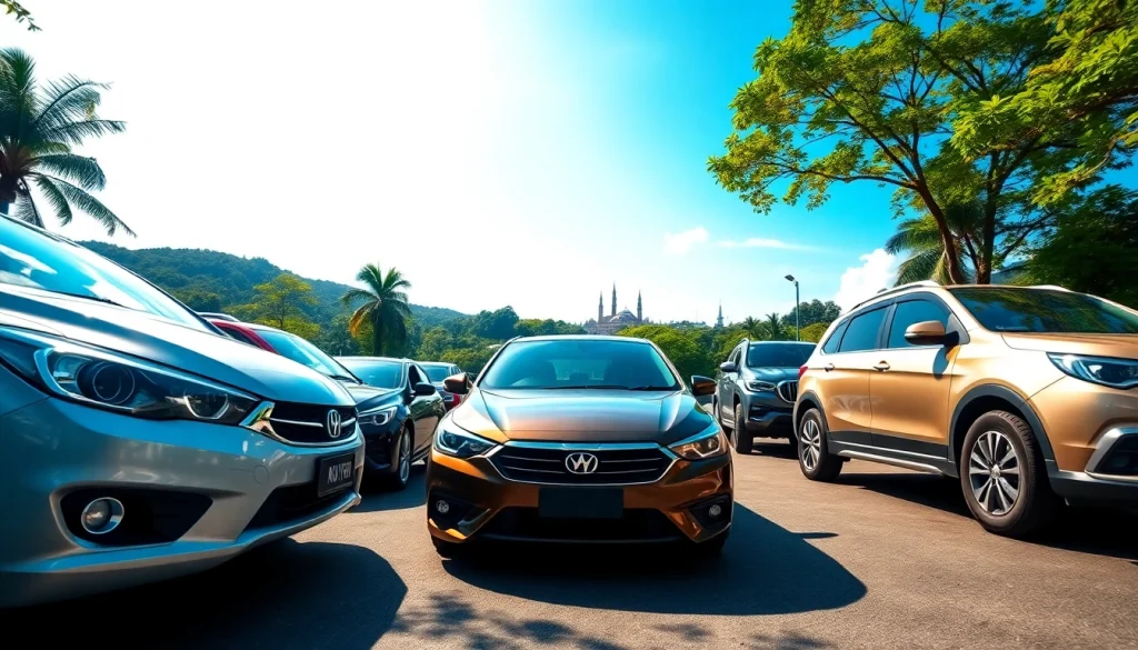 Car hire in Kuching with a variety of rental cars against a lush backdrop.
