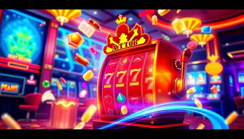 Menggoda permainan matador168 slot dengan mesin slot berwarna cerah dan suasana kasino yang hidup.