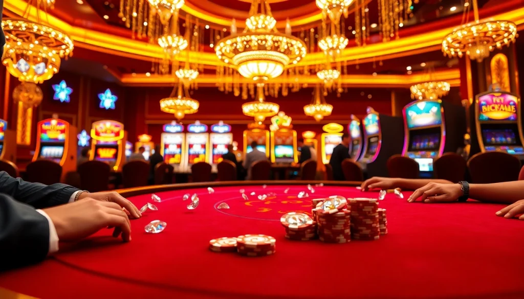 Players engage in a high-stakes game at a glamorous poker table, featuring diamond-themed elements.