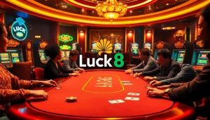 Experience a vibrant poker game at Luck8, featuring luxury ambiance and engaging players.