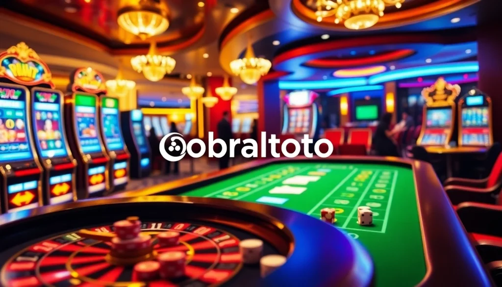 Rasakan aksi perjudian yang mendebarkan dengan obraltoto di kasino mewah, menampilkan mesin slot yang berwarna-warni dan meja roulette.