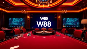 W88 gaming table action with poker chips, cards, and roulette wheel in a luxurious casino.