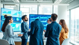 Analyze competitive intelligence with a vibrant team collaboration in a modern office.