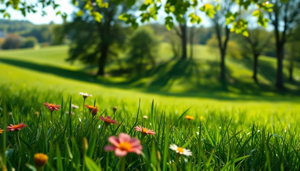 Explore a serene landscape embodying wellness themes related to win55, featuring vibrant wildflowers and lush greenery.