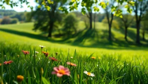 Explore a serene landscape embodying wellness themes related to win55, featuring vibrant wildflowers and lush greenery.