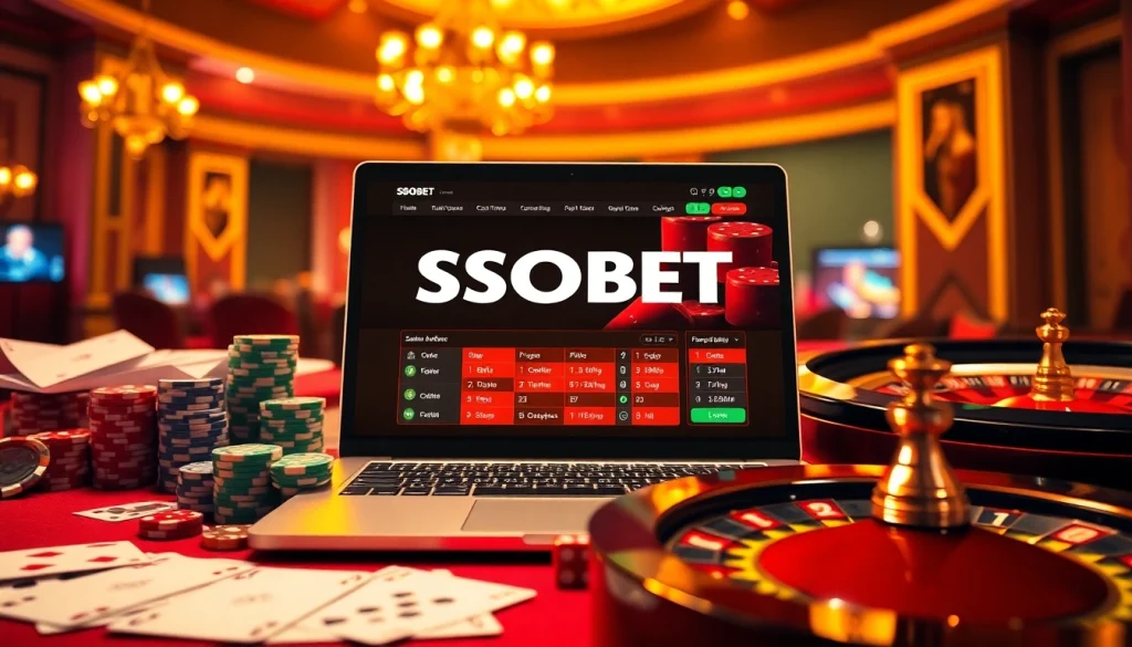 Experience sbobet login terbaru with a dynamic online gambling interface, poker chips, and roulette wheel.