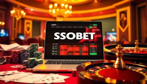 Experience sbobet login terbaru with a dynamic online gambling interface, poker chips, and roulette wheel.