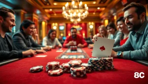 RR88 players enjoying intense poker action at a luxurious casino table with high-quality chips and cards.