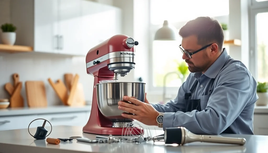 Expert performing kitchenaid appliance repair ottawa in a modern kitchen setting with bright lighting.