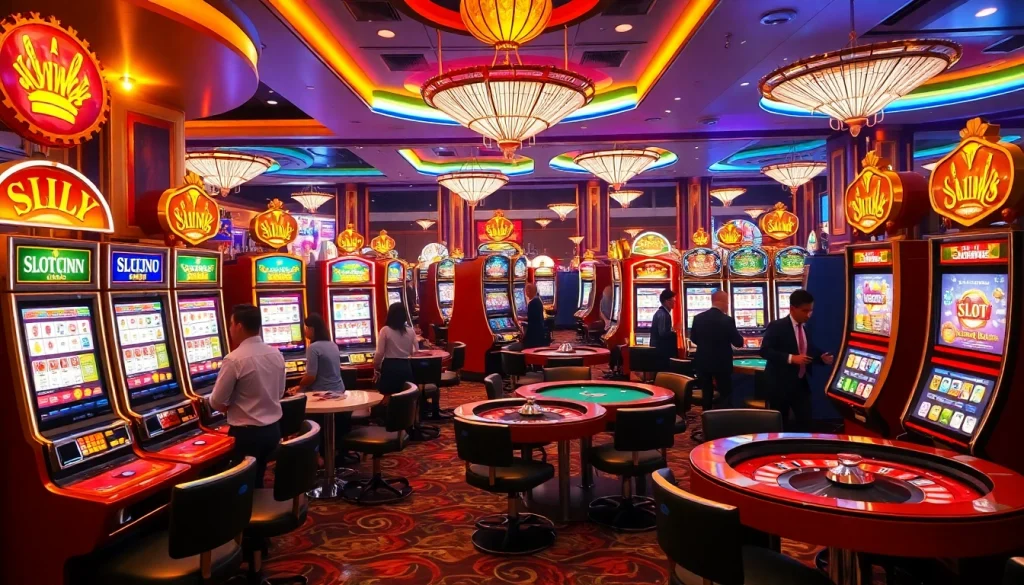 Pemain menikmati permainan slot deposit pulsa di lantai kasino yang penuh warna dan penuh semangat.