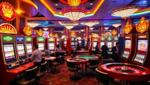 Pemain menikmati permainan slot deposit pulsa di lantai kasino yang penuh warna dan penuh semangat.